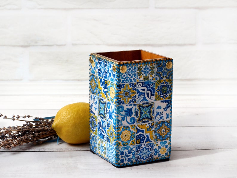 Wooden Pen Holder Spanish Majolica Tiles Style College Etsy