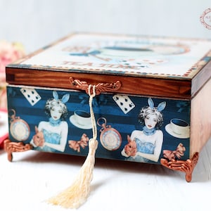 Alice&#39;s Adventures in Wonderland It&#39;s Always Tea Time Wooden Tea Box, MADE TO ORDER