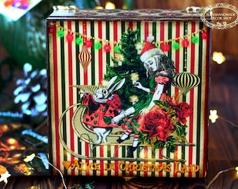 Christmas Alice's Adventures in Wonderland Wooden Tea Box, Alice in Christmas Land, gift for her