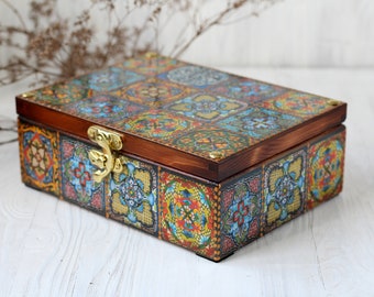 Mexican Talavera Tile Tea Box: Decoupage Wooden Tea Caddy