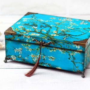 Scatola portagioie in legno ispirata a Vincent Van Gogh Mandorlo in fiore, regali Van Gogh, scatola blu Blossom