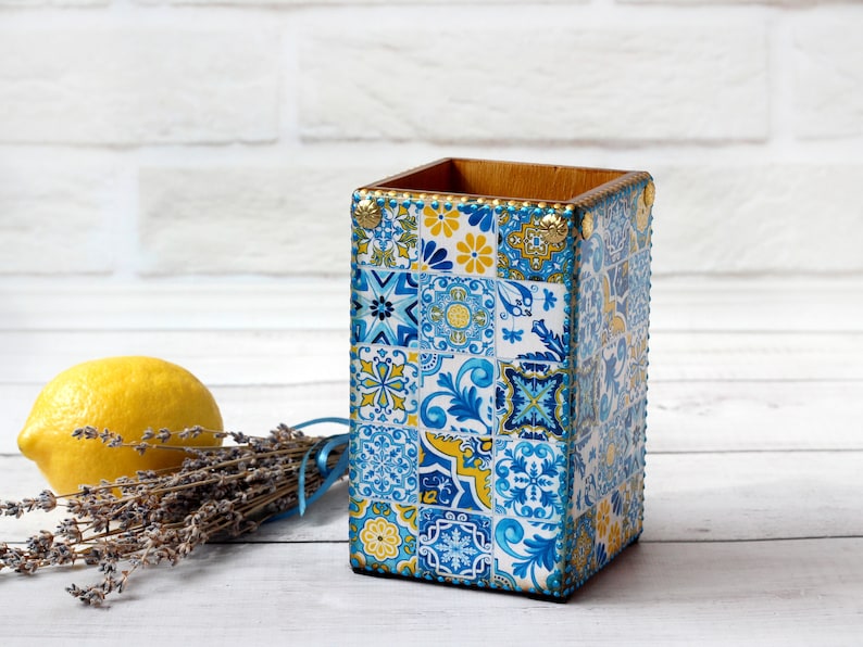 Wooden Pen Holder Spanish Majolica Tiles Style College Etsy