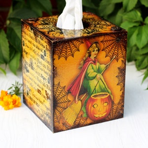 Little Witches Halloween Decor Wooden Tissue Box, Fall Tissue box cover , MADE TO ORDER image 1