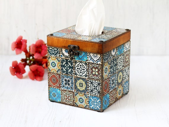 Boîte à Mouchoirs En Bois Et Tissu Fait Main – Motif Géométrique Bleu