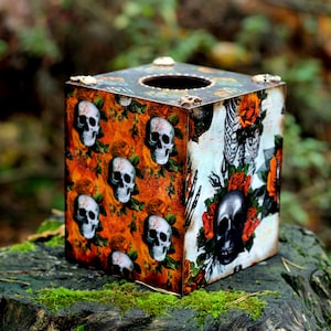 Orange Floral Skulls Halloween Decor Wooden Tissue Box, Fall Tissue box cover Gothic skull patterns with skeletons and flowers image 5