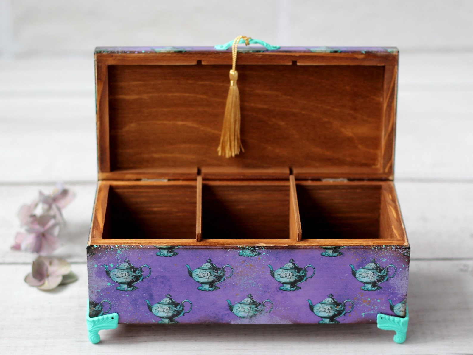 Alice in Wonderland Tea Box: Decoupage Wooden Box With 3 Compartments ...