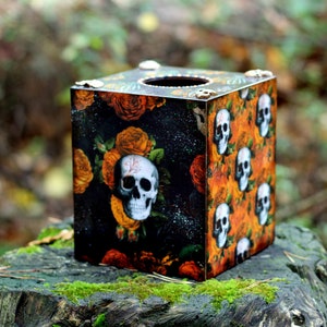 Orange Floral Skulls Halloween Decor Wooden Tissue Box, Fall Tissue box cover Gothic skull patterns with skeletons and flowers image 6