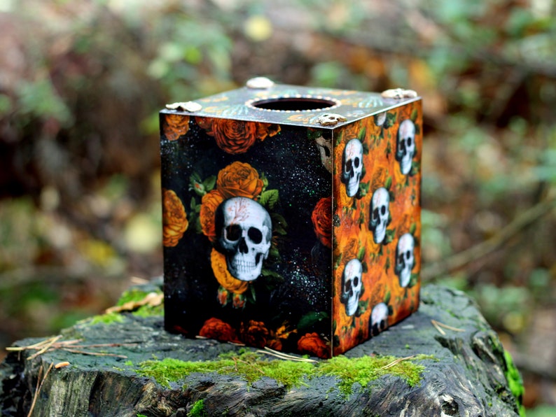 Orange Floral Skulls Halloween Decor Wooden Tissue Box, Fall Tissue box cover Gothic skull patterns with skeletons and flowers image 6