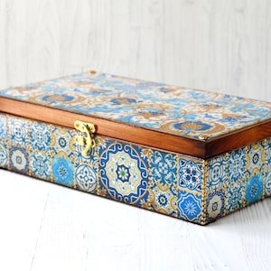 Caja de té con azulejos portugueses, caja de té con 8 compartimentos