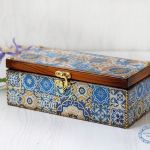 Tea Box Azulejos Portugueses Tiles Style, 3 compartment tea box