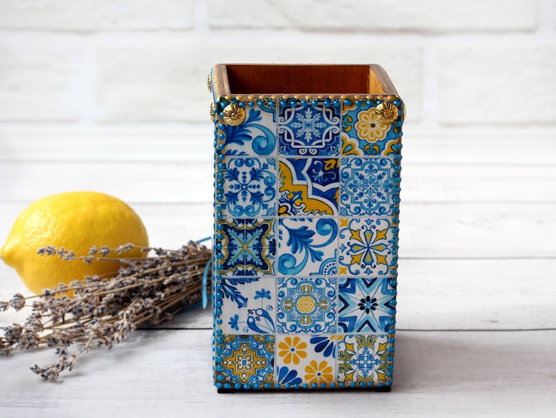 Wooden Pen Holder Spanish Majolica Tiles Style College Etsy