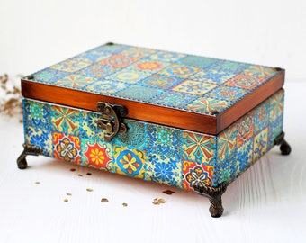 Jewelry Box Blue ROSA,  Tiles style with bright blue dot painting