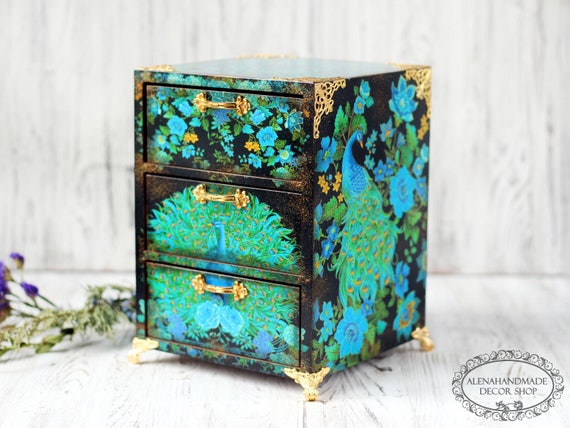 Peacock And Blue Roses Mini Wooden Chest Drawers Etsy