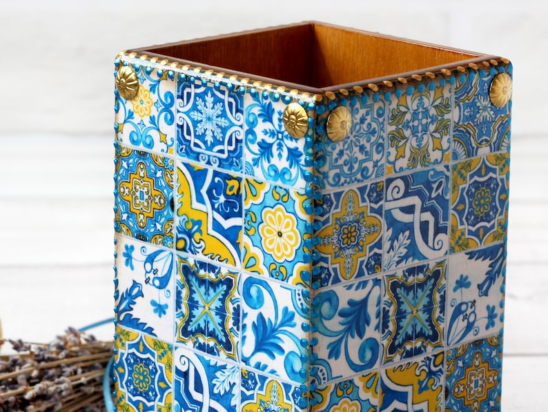 Wooden Pen Holder Spanish Majolica Tiles Style College Etsy