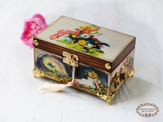 alice decor wooden keepsake box decorated box decoupaged box Alice in wonderland jewellery box