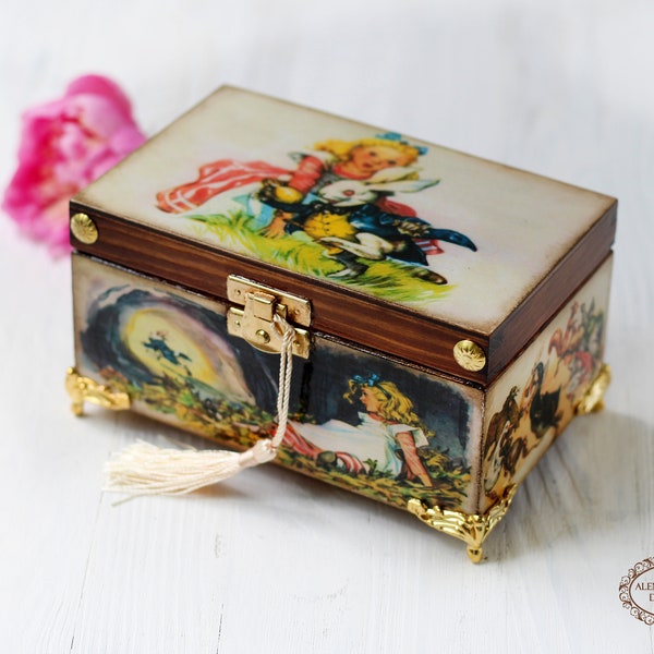 Alice's Adventures in Wonderland Wooden Tea Box , Jewelry Box