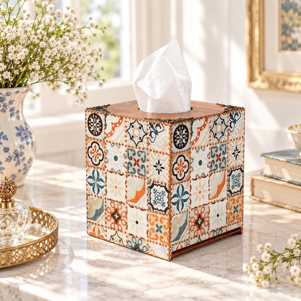 Decoupage Tissue Box Cover: Portuguese Azulejos Tile Style