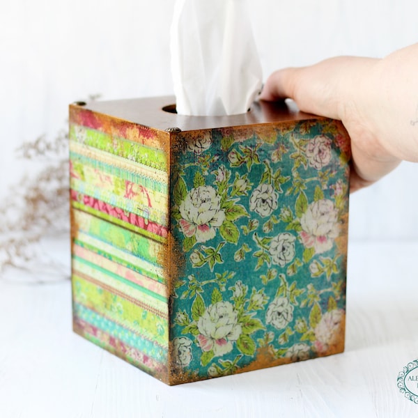 Tissue Box Сover Shabby Chic Gipsy Hippie, Digital Vintage Papers, Tissue box holder , Serving table decor, tissue box square