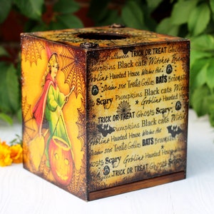 Little Witches Halloween Decor Wooden Tissue Box, Fall Tissue box cover , MADE TO ORDER image 5