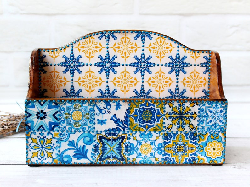 Wooden Mail Organizer , Desk Organizer Spanish Majolica Tiles Style, Teacher Gifts, spice bag Holder, Mail Sorter