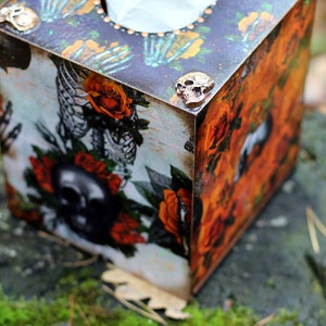 Orange Floral Skulls Halloween Decor Wooden Tissue Box, Fall Tissue box cover Gothic skull patterns with skeletons and flowers image 8