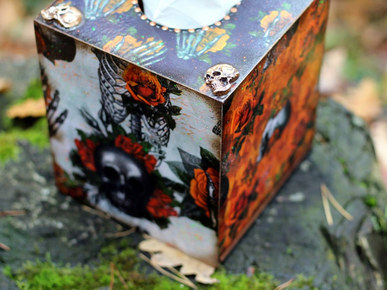 Orange Floral Skulls Halloween Decor Wooden Tissue Box, Fall Tissue box cover Gothic skull patterns with skeletons and flowers image 8