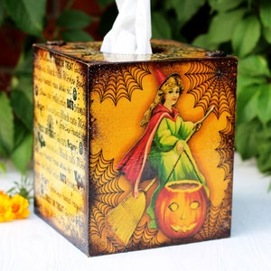 Little Witches Halloween Decor Wooden Tissue Box, Fall Tissue box cover , MADE TO ORDER image 3