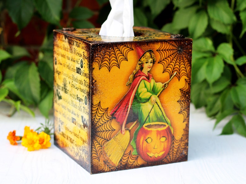 Little Witches Halloween Decor Wooden Tissue Box, Fall Tissue box cover , MADE TO ORDER image 3