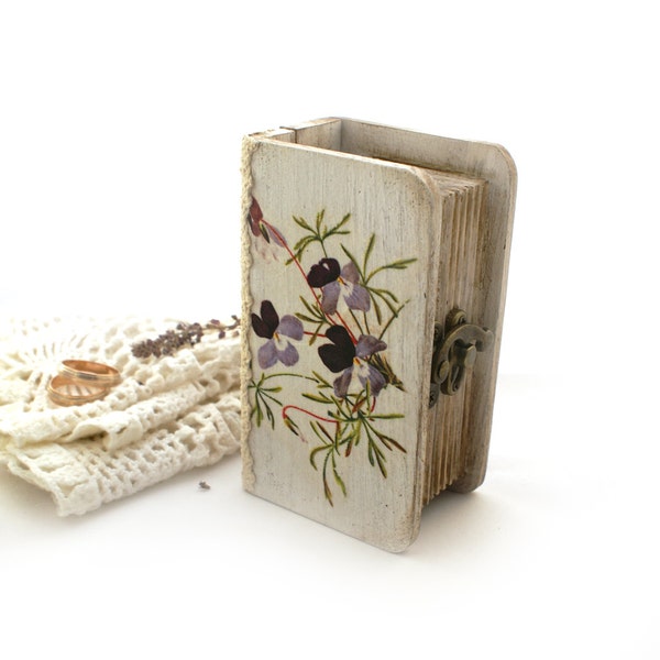 Wedding Spring Violets Wooden Box , small  box-book, Wedding box, ring bearer box,shabby chic, rustic box with natural lace