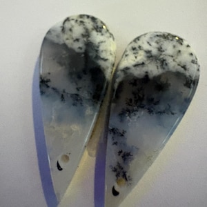 May include: Two teardrop-shaped dendritic agate cabochons featuring a translucent white and grey base with dark, fern-like manganese oxide inclusions. Each stone has a small, circular hole drilled near the pointed bottom tip.