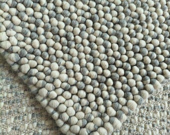 Neutral Felt Ball Rug, Handmade Wool Pebble Area Rug for Living Room