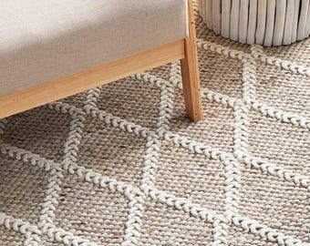 Chunky Knit Wool Carpet, Neutral Scandinavian Handmade Textile, Minimalist Boho Home Decor
