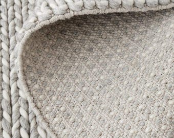 Modern Neutral Wool Area Rug | Chunky Handwoven Braided Carpet | Scandinavian Living Room Rug