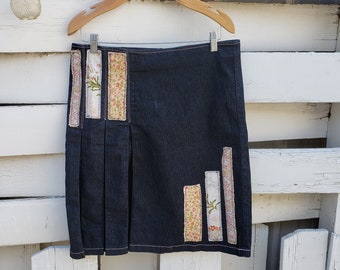 Embellished Pleated Jean Skirt - A line Denim Skirt - Upcycled Blue Jean - Boho Skirt -- Cowgirl Skirt -