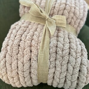 Chunky Knit Blanket | Hand Knit Chenille Throw | Cozy Hygge Scandi Decor | Neutral Chunky Blanket Gift
