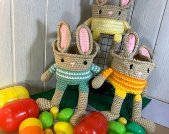 Panier en forme de Lapin pour Pâques au crochet Fait Main vert jaune orange (livraison gratuite pour la France) Prêt à l'envoi(stock limité)