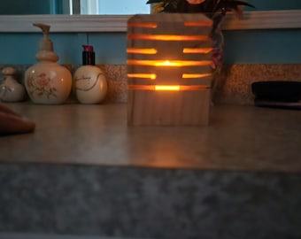 Slotted Wood Candle Holder: Handmade Flickering Tea Light Included