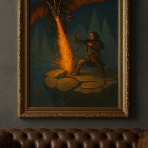 May include: A framed painting depicts a dragon breathing fire at an archer. The archer is aiming a bow and arrow at the fire. The dragon is in the upper left corner. The painting has a gold frame and is hanging on a dark wall.