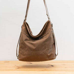 Waxed canvas convertible bag, Diaper bag, Convertible backpack Brown image 1