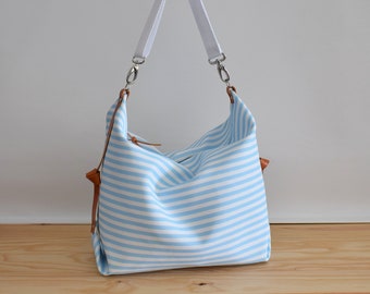 Stripe canvas diaper bag, Messenger bag, Personalised bag, Marina Light Blue