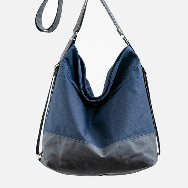 Sac convertible en toile cirée, sac à langer, sac à dos convertible Marine & Gris