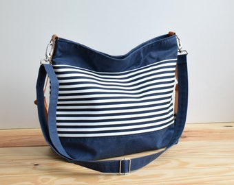 Waxed canvas diaper bag, Messenger and laptop bag, Personalised bag, Marina no.2 Navy