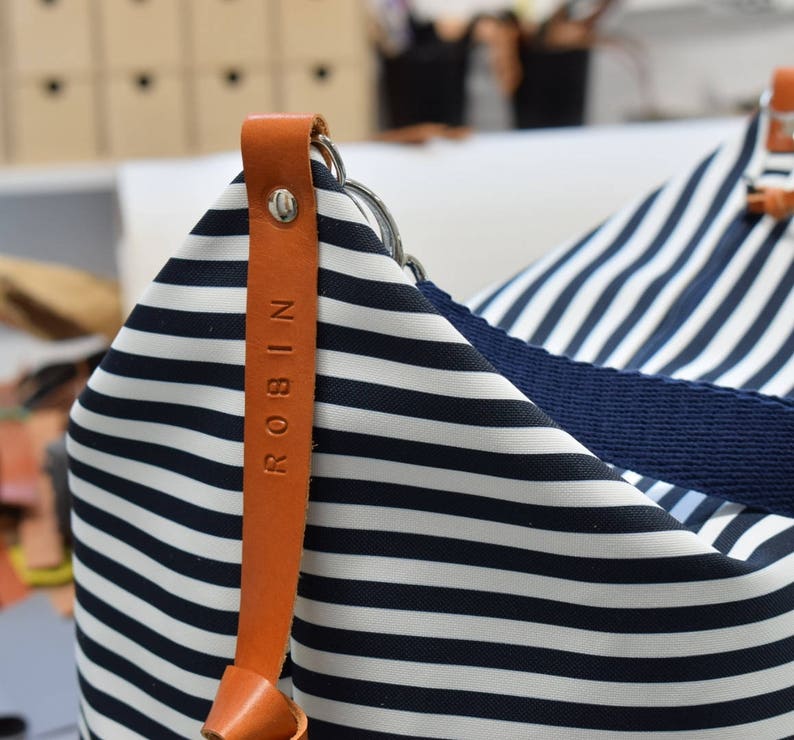 Stripe canvas diaper bag, Messenger bag, Personalised bag, Marina Navy Blue image 5