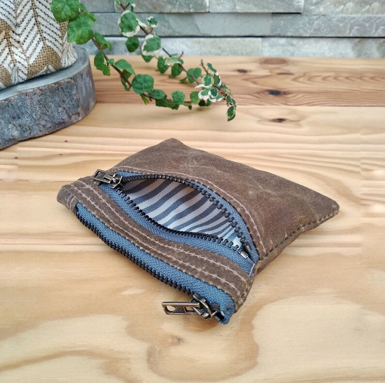 Waxed canvas double zipper wallet, coin purse and card holder image 8