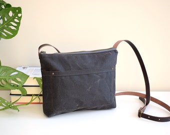 Waxed canvas crossbody day bag, mini bag chocolate