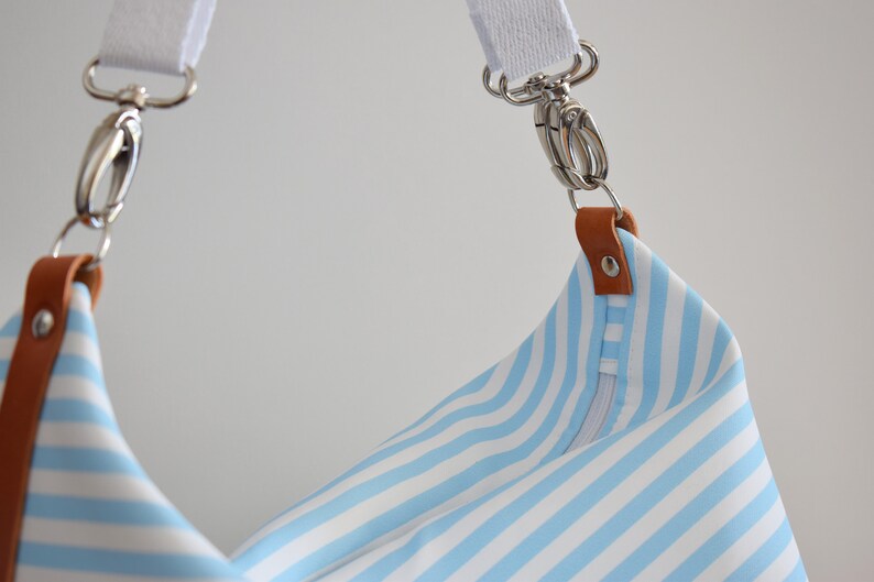 Stripe canvas diaper bag, Messenger bag, Personalised bag, Marina Light Blue image 3