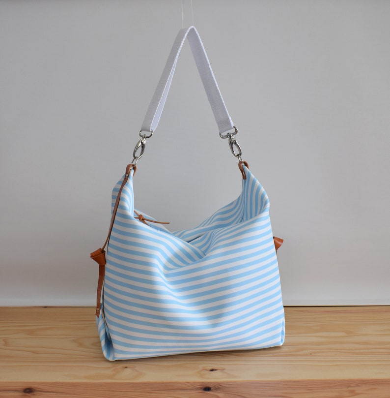 Stripe canvas diaper bag, Messenger bag, Personalised bag, Marina Light Blue image 1