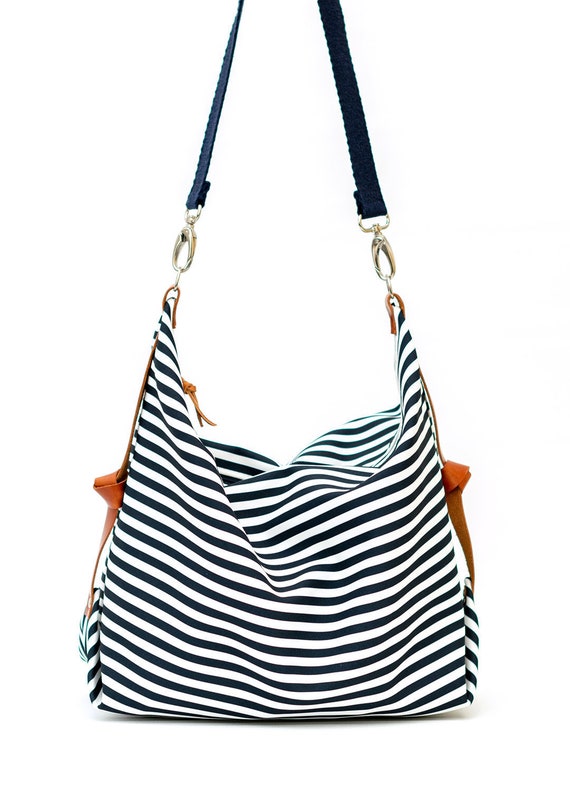 Blue and white top striped diaper bag