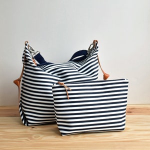 Stripe canvas diaper bag, Messenger bag, Personalised bag, Marina Navy Blue image 7