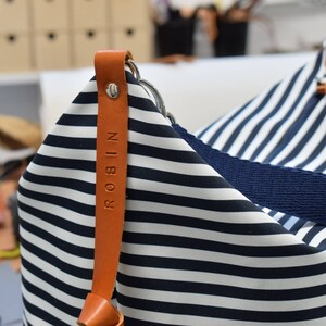 Stripe canvas diaper bag, Messenger bag, Personalised bag, Marina Light Blue image 10